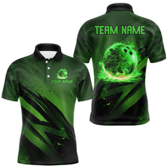 Maxcorners Custom Black and Green Flame Mens Bowling Shirts, Bowling Polo, 1/4 Zip Team Jerseys