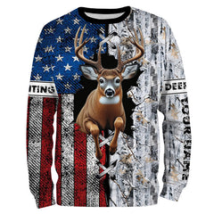 Maxcorners Deer Hunting American Flag Snow Winter Camo Custom Name Shirt 3D All Over Printed Clothes