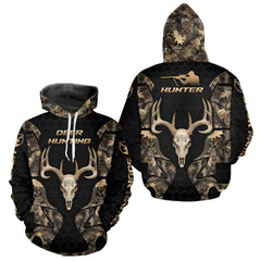 Maxcorners Skull Deer Hunting Custom Name Brown Camo Shirt, Hunting Hoodie For Hunters