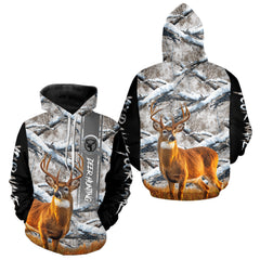 Maxcorners Winter Whitetail Deer Camo Hunting Hoodie 3D All Over Printed Long Sleeves Hunting Shirt For Men LM1812