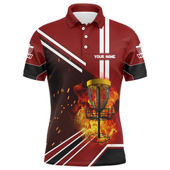 Maxcorners Disc Golf Basket On Fire And Water Red Polo Shirts, Custom Flame Disc Golf Shirts For Men MT0510