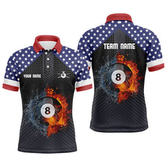 MaxCorners Fire And Water 8 Ball Us Flag Customized Name 3D And Team Name Billiards Polo Shirt For Men