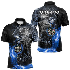 Maxcorners Personalized Wolf And Skull Smoke Blue Mens Dart Shirts Custom Dart Jerseys Team Polo & 1/4 Zip LM0611