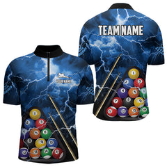 Maxcorners Personalized 3D Pool Ball Thunder Lightning Blue Billiard Shirts For Men, 8 Ball Billiard Jerseys