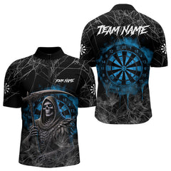Maxcorners Black And Blue Grim Reaper Smoke Funny Dart Shirts For Men Custom Dart Jerseys, Darts Clothing