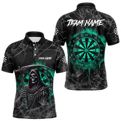Maxcorners Black And Turquoise Smoke Grim Reaper Dart Shirts For Men Custom Halloween Darts Jersey Outfit TU1108