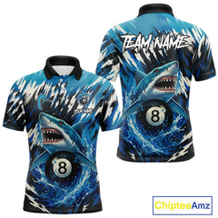 Maxcorners Blue Shark 8 Ball Billiard Shirt For Men Custom Billiard Jersey, Pool Team Shirt Polo & 1/4 Zip LM2011