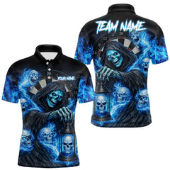 Maxcorners Blue Grim Reaper Flame Darts Shirt For Men Custom Skull Darts League Jersey Team Polo & Quarter Zip