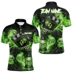 Maxcorners Green Grim Reaper Flame Darts Shirt For Men Custom Skull Darts League Jersey Team Polo & 1/4 Zip