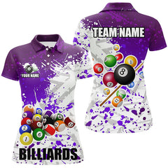 MaxCorners Billiard Purple Balls Paint Splash Customized Name, Team Name 3D Polo Shirt For Women