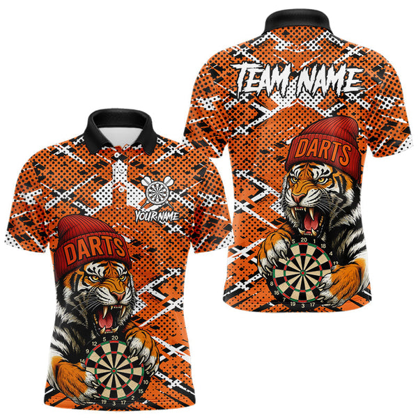 Maxcorners Personalized Orange Black Grunge Tiger Darts Shirt For Men Custom Darts Team Jersey Polo & 1/4 Zip TU2310