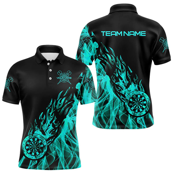Maxcorners Black And Turquoise Fire Flame Darts Polo & Quarter Zip Custom Dart Shirt For Men Dart Jerseys