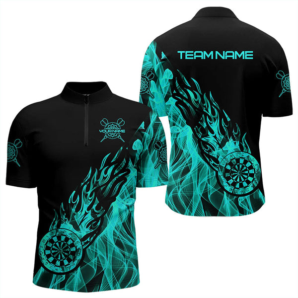 Maxcorners Black And Turquoise Fire Flame Darts Polo & Quarter Zip Custom Dart Shirt For Men Dart Jerseys
