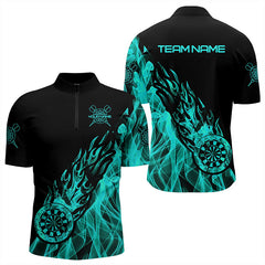 Maxcorners Black And Turquoise Fire Flame Darts Polo & Quarter Zip Custom Dart Shirt For Men Dart Jerseys
