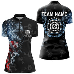 Maxcorners Personalized Smoke Usa Flag Archery Polo & 1/4 Zip Shirts For Men, Patriotic Archery Team Jerseys