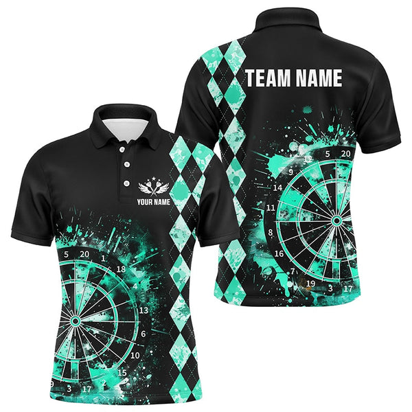 Maxcorners Custom Turquoise Grunge Dartboard Argyle Pattern Dart Shirts For Men, Best Darts Team Jerseys