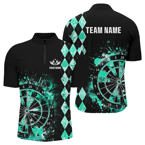 Maxcorners Custom Turquoise Grunge Dartboard Argyle Pattern Dart Shirts For Men, Best Darts Team Jerseys