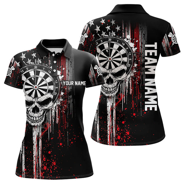 Maxcorners Retro American Flag Grunge Skull Darts Polo Custom Dart Shirts For Men And Women Darts Jerseys