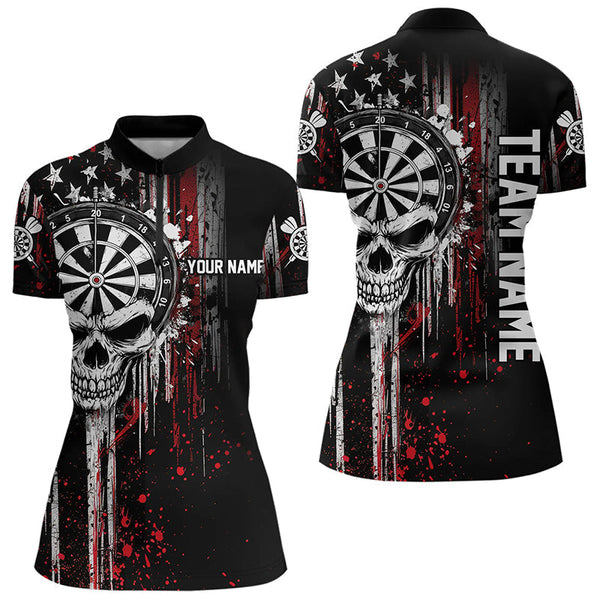 Maxcorners Retro American Flag Grunge Skull Darts Polo Custom Dart Shirts For Men And Women Darts Jerseys