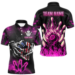 Maxcorners Pink Flaming American Flag Skull Bowling Shirt For Men Custom Fire Bowling Team Jersey MT0609