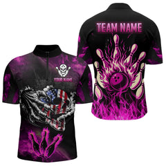 Maxcorners Pink Flaming American Flag Skull Bowling Shirt For Men Custom Fire Bowling Team Jersey MT0609