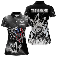 Maxcorners Black And White Flaming American Flag Skull Bowling Shirt For Men Custom Fire Bowling Team Jersey MT0609