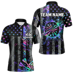 Maxcorners Custom Holographic Grunge US Flag Darts Shirt For Men, Patriotic Darts Team Jerseys Polo & 1/4 Zip LM1112