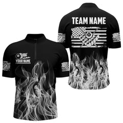 Maxcorners White Black Flaming American Flag Men Billiard Shirt Custom Patriotic Pool Player Billiard Jersey LM2206