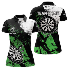Maxcorners Retro Black Green Grunge Pattern Darts Polo, Quarter Zip Custom Men Dart Shirt Team Dart Jersey