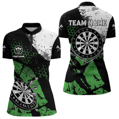 Maxcorners Retro Black Green Grunge Pattern Darts Polo, Quarter Zip Custom Men Dart Shirt Team Dart Jersey