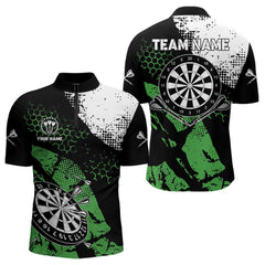 Maxcorners Retro Black Green Grunge Pattern Darts Polo, Quarter Zip Custom Men Dart Shirt Team Dart Jersey