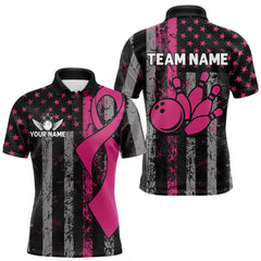 Maxcorners Custom Pink Ribbon Grunge US Flag Patriotic Bowling Shirt For Men, Breast Cancer Bowling Jerseys MT2009
