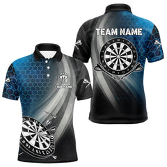 Maxcorners Custom Men's Dart Shirt – Black Blue Hexagon Design Darts Team Jersey | Polo & Quarter Zip Uniform LM1625