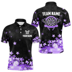 Maxcorners Funny Custom Dart Shirt For Men, Black And Purple Glowing Star Pattern Darts Polo & Quarter Zip TU2511