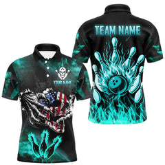 Maxcorners Turquoise Flaming American Flag Skull Bowling Shirt For Men Custom Fire Bowling Team Jersey LM2408