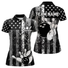 Maxcorners Grey And Black Grunge American Flag Patriotic Bowling Shirts For Men Custom Bowling Team Jerseys