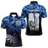 Maxcorners Personalized US Flag Blue Camo Dart Shirts For Men, Patriotic Darts Jersey Team Polo & 1/4 Zip LM0706