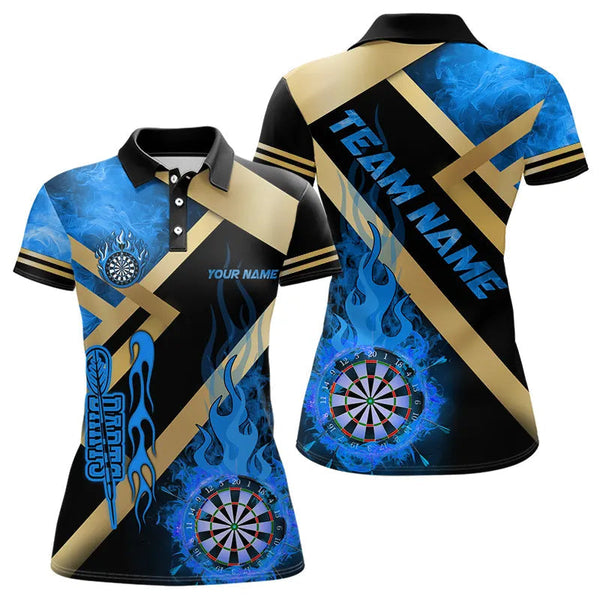 Maxcorners Personalized Gold And Blue Dartboard Fire Flame Custom Darts Shirts For Men, Darts Team Jerseys