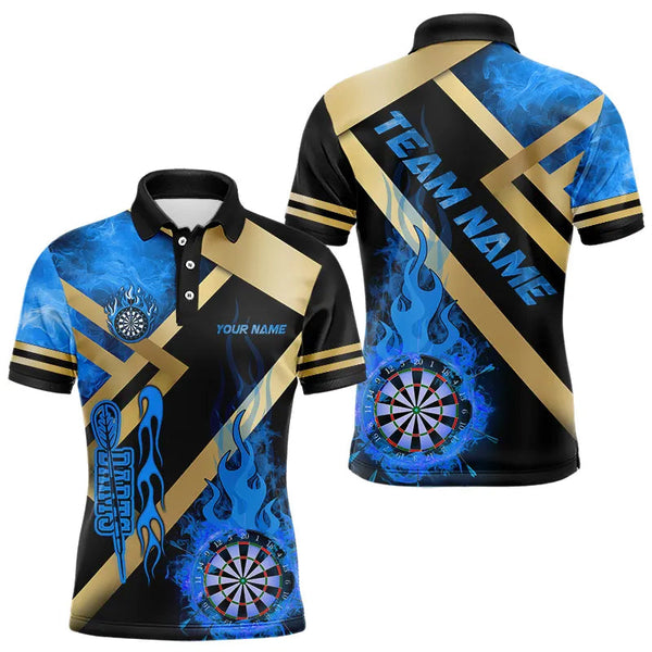 Maxcorners Personalized Gold And Blue Dartboard Fire Flame Custom Darts Shirts For Men, Darts Team Jerseys