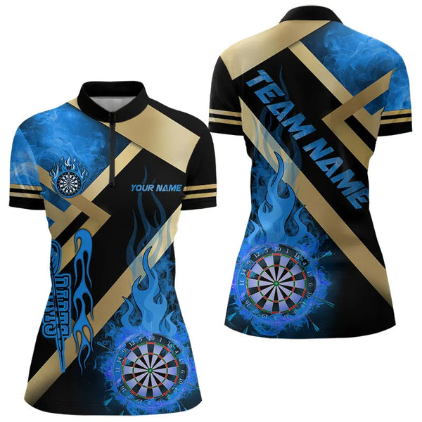 Maxcorners Personalized Gold And Blue Dartboard Fire Flame Custom Darts Shirts For Men, Darts Team Jerseys