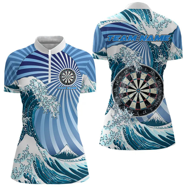Maxcorners Personalized Blue Darts Waves Sea Darts Polo & Quarter Zip Custom Men Dart Shirts Funny Dart Jersey