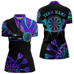 Maxcorners Neon Purple Blue Darts Tie Dye Polo & Quarter Zip Custom Dart Shirts For Men And Women Glowing Dart Jerseys
