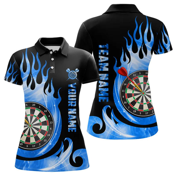 Maxcorners Black Blue Fire Flame Light Darts Polo & Quarter Zip Custom Dart Shirts For Men League Dart Jerseys