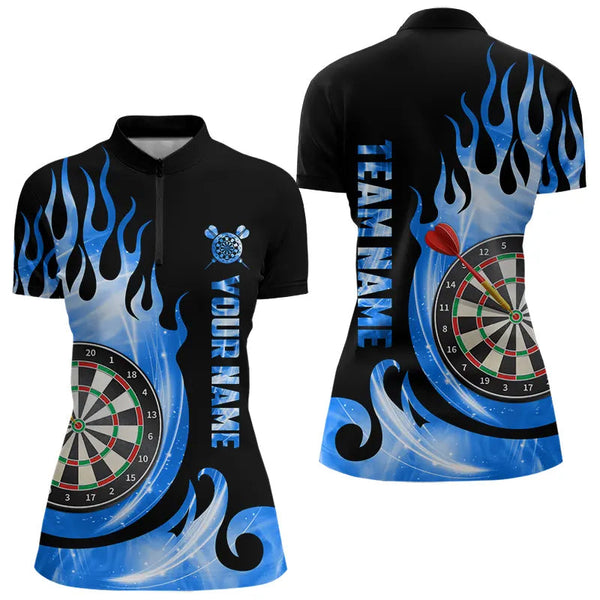 Maxcorners Black Blue Fire Flame Light Darts Polo & Quarter Zip Custom Dart Shirts For Men League Dart Jerseys