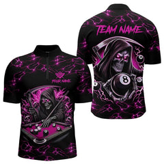 Maxcorners Pink Funny Death Skeleton 8 Ball Pool Men Billiard Shirts Custom Lightning Billiard Jerseys LM103