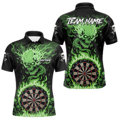 Maxcorners Green Flaming Skull Darts Shirt For Men Custom Darts Jersey Team Polo & Quarter Zip MT1810