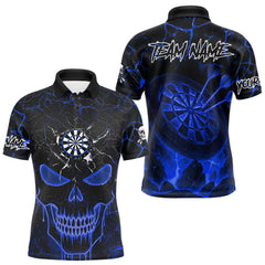 Maxcorners Personalized Skull Cracks Pattern Blue Darts Shirt For Men, Darts League Jersey Polo & 1/4 Zip TU2310