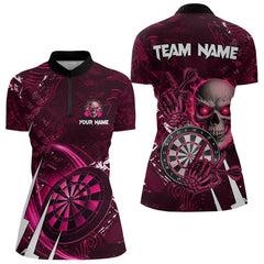 Maxcorners Personalized Pink 3D Skull Darts Polo & 1/4 Zip Shirts For Women Custom Cool Darts League Team Jersey