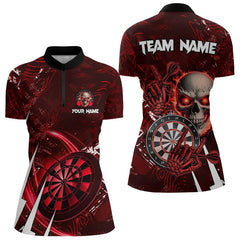 Maxcorners Personalized Red 3D Skull Darts Polo & 1/4 Zip Shirts For Women Custom Cool Darts League Team Jersey