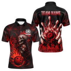 Maxcorners Red Flaming Skull Bowling Shirts For Men Custom Fire Bowling Team Jersey Polo & Quarter Zip